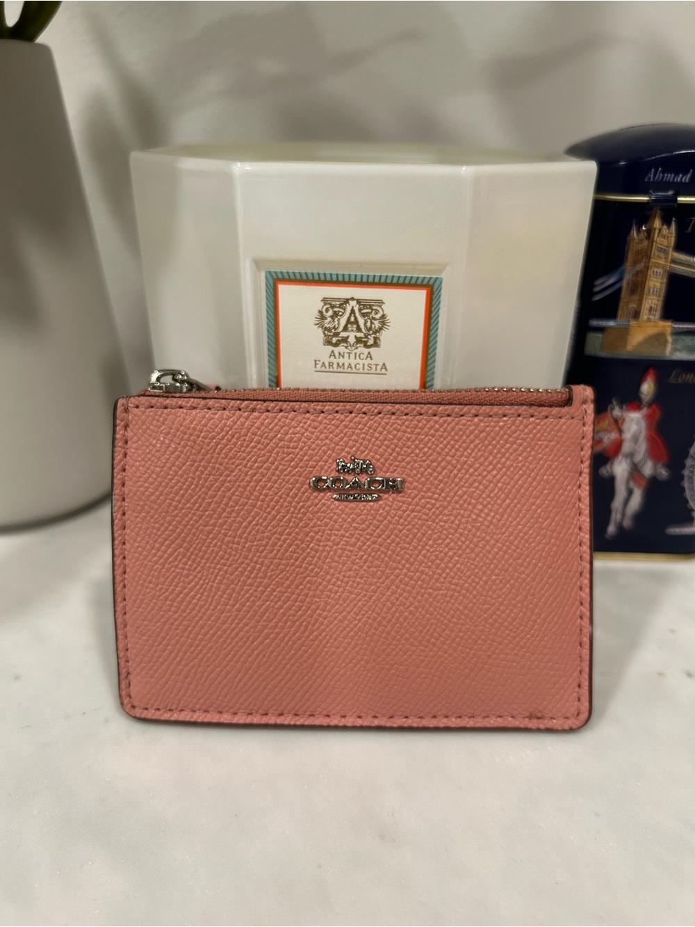 Coach Zip Card Case Pink Crossgrain Leather ID Wallet Key Ring